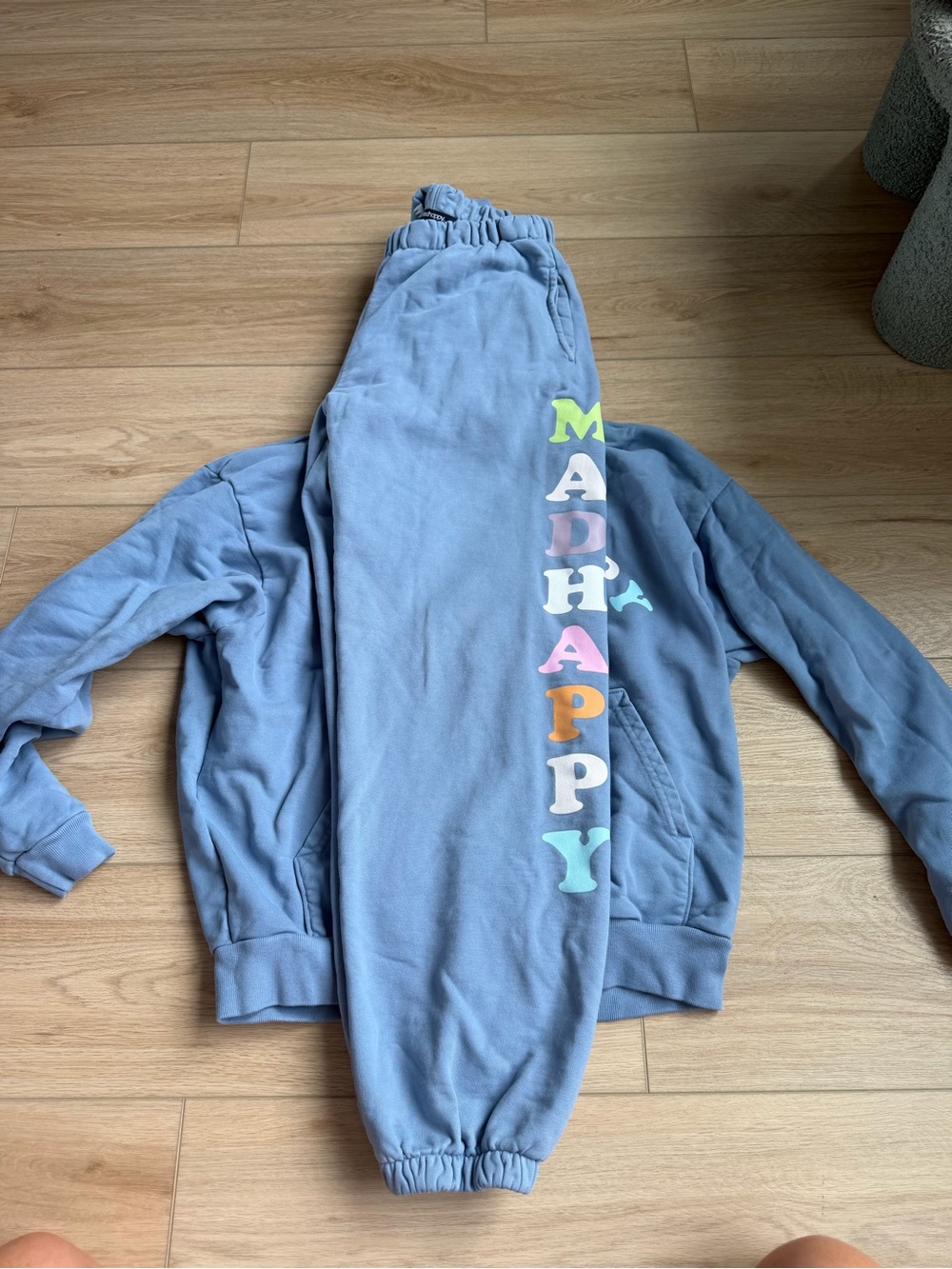 Madhappy Light Blue Sweatpants and Sweatshirt with Multicolor Vertical Logo